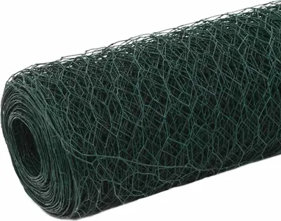 A roll of dark green wire mesh fencing is shown against a white background.