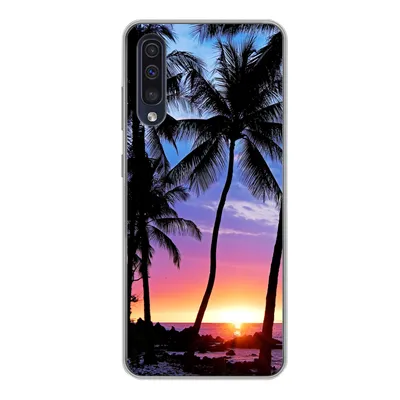 Produktbild von MuchoWow® Handyhülle Schutzhülle Hülle für Samsung Galaxy A50 Der farbenprächtige Sonnenuntergang hinter einer Reihe von Palmen auf Hawaii Silikon Softcase Handy Hülle - Mobiltelefonhülle