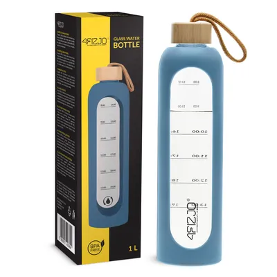 Produktbild von 4FIZJO Glas Trinkflasche 1000 ml, Sportflasche, Borosilikat, Bambusdeckel, Silikonhülle, blau