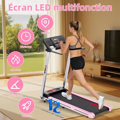Image de Tapis de course pliable - Rose - Inclinaison de 0 à 14 % - Moteur de 3,0 chevaux - Surface de course de 120 x 50 cm