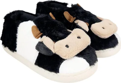 Produktbild von Damen Gefüttert Slippers Isoliert Slip On Hausschuhe mit Kuh Muster Schwarz Gr.36