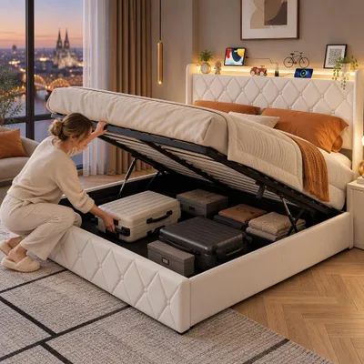 Image de Lit rembourré INONEFT 140x200 cm avec LED et USB, lit double, lit pour adolescents avec espace de rangement hydraulique, structure de lit avec rangement et sommier à lattes, en velours, couleur beige