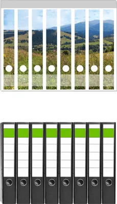 Produktbild von Wallario 8 Stück schmale Ordner inkl. Klebeetiketten mit Motive Bergwiese in den Karpaten -  Set mit Rückenschildern / Ordnerrücken Stickern