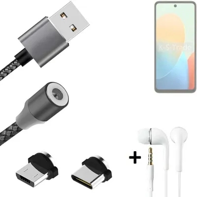 Produktbild von K-S-Trade® Hochwertiges Magnet-Lade-kabel Sync-Kabel Daten-Kabel + Kopfhörer für Tecno Pop 8 mit USB-Typ-C-Anschluss und Micro-USB-Anschluss 2A bis