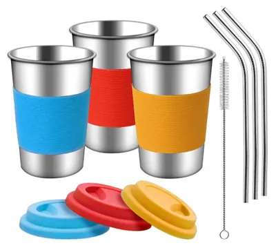 Trinkbecher aus Edelstahl, 3er-Set, 450 ml, mit Deckel & Strohhalmen