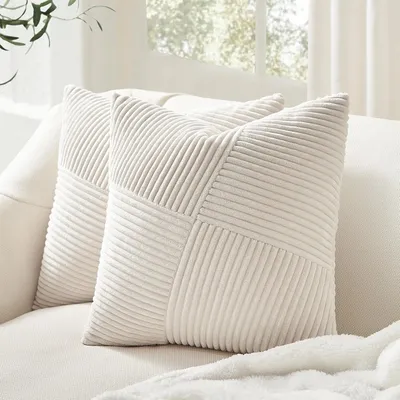 Produktbild von Set of 2 Cushion Covers, Cream, 50 x 50 cm, Corduroy Windmill Stripes Pattern, Decorative Cushion Covers, Sofa Cushion, Couch Cushion, Patchwork Design, Living Room, Office, Hotel
