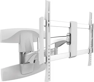 A white, articulated TV wall mount is shown against a white background.