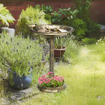 Produktbild von Sweiko Vogeltränke, Vogelbad mit Statue, Blumenmuster, 2 Becken, Kunststoff, antiker Look, 50B x 72H cm, Bronzefarben