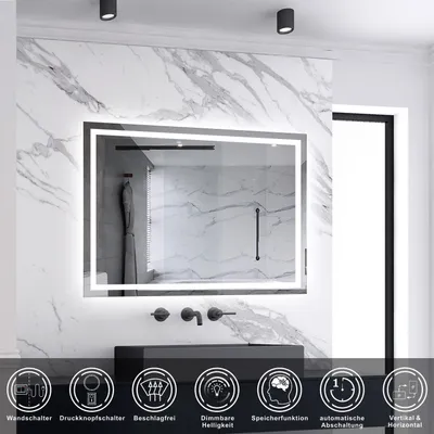 Produktbild von AICA LED Badspiegel mit Knopfschalter 90x70cm Beschlagfrei Kaltweiß Dimmbar Memory-Funktion Badezimmerspiegel 1 Stunde automatische Abschaltung