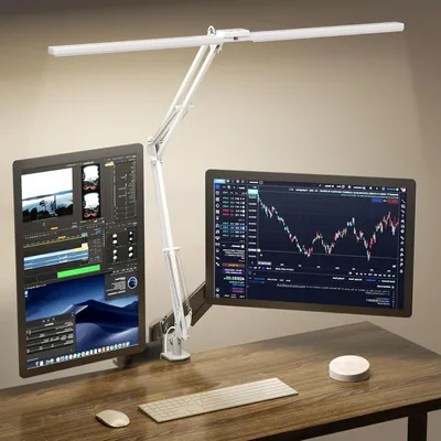 Immagine prodotto di Lampada da scrivania a due luci - Lampada da tavolo con morsetto - Illuminazione per l'area di lavoro - Funzione di controllo remoto - 2400 lumen - Bianco