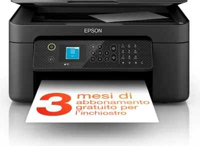 A black Epson WorkForce WF-2910DWF printer is shown with a piece of paper coming out of it that has promotional text and a large number '3' on it.