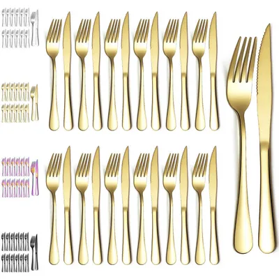 Produktbild von Steakbesteck 24-teilig Gold Titanbeschichtung Edelstahl 12 Tafelgabeln 12 Tafelmesser spülmaschinenfest