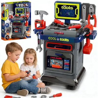 Produktbild von Kinder Werkbank mit Werkzeugset und Bohrmaschine, Werkstatt fuer Kinder ab 3 Jahren, Werkbank Koffer, Werkzeugbank Spielzeug fuer Jungen und Maedchen (Grau)