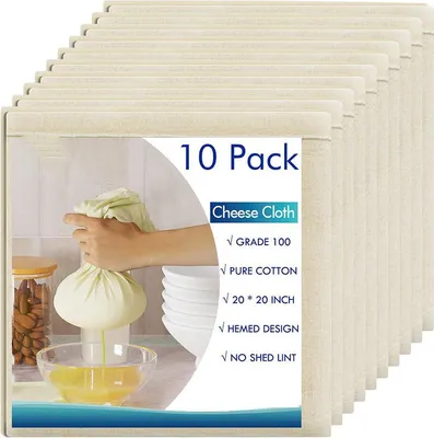 Produktbild von 10 Stück wiederverwendbare Käsetücher, Güteklasse 100, 50,8 x 50,8 cm, gesäumtes Käsetuch zum Abseihen, 100 % ungebleichtes Baumwolltuchsieb zum Kochen, Backen, Entsaften, Käseherstellung
