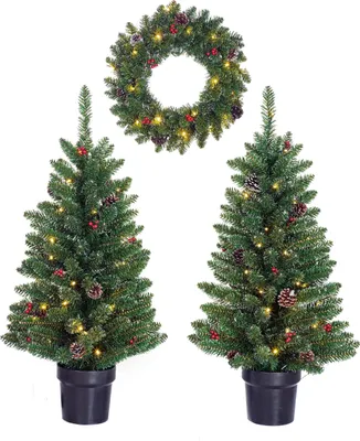 Produktbild von Black Box Trees Creston Set mit 2 Weihnachtsbäumen und 1 Kranz mit LED-Beleuchtung - Grün
