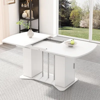 Image de OKWISH Table À Manger Extensible - Avec Rangement Et Pieds Métal Argenté, Plateau MDF Blanc, 160 x 80 x 75 cm - Blanc