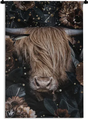 Produktbild von MuchoWow® Wandteppich Wandbehang Scottish Highlander - Blumen - Pflanzen 90x135 cm Tapisserie Dekoration Wandtuch - Baumwolle - Wandskulptur
