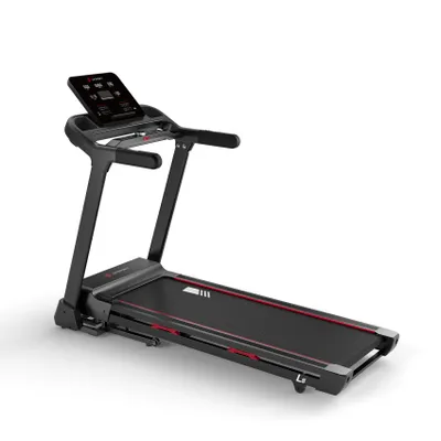 A black and red treadmill is shown against a white background.