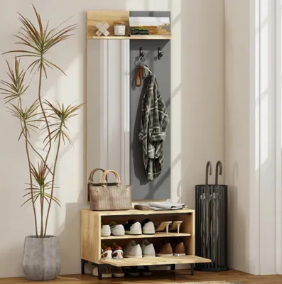 Produktbild von Garderobenset für Eingangsbereich, Schuhschränke, Schuhbank, Spiegel, 3 Haken, Offenes Regal, Flurmöbel