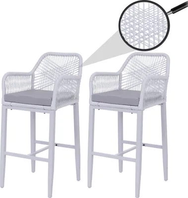 Immagine prodotto di Set di 2 sgabelli da bar Rope HWC-P91, sedia da bar, sgabello da bancone, imbottitura per esterni in metallo intrecciato ~ grigio chiaro