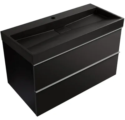 Productafbeelding van CERANO - Badkamermeubel Velora - mat zwart, handgreep chroom + wastafel van composietmarmer met kraangat Vita - mat zwart - 100x63x46,5 cm