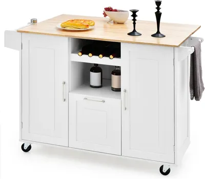 A white kitchen island with a wooden countertop is shown against a white background. It features a wine rack, cabinets, and a drawer. There are also some decorative items on the countertop.