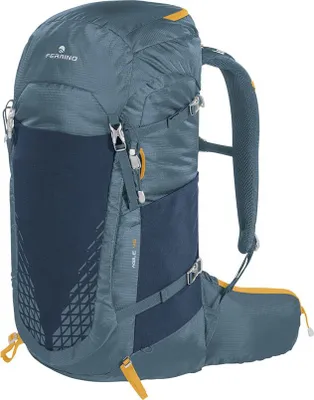 A blue and gray backpack with yellow accents, shown from a front-diagonal view against a light gray background.