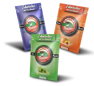 Aromatisierte Zahnstocher 3er-Pack 450 Stück – Blaubeere, Pfirsich, Minze