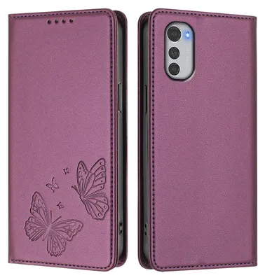 Image de Étui en cuir pour Motorola Moto E32, motif papillon, étui à rabat avec porte-appareil, violet