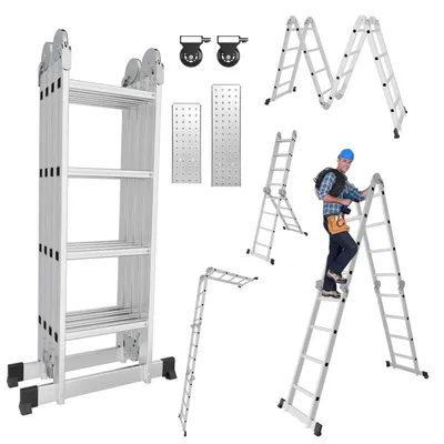 Zdjęcie produktu dla Eikuavons 7w1 drabinowa platforma wielofunkcyjna aluminiowa, 4x4 stopnie, wysokość ok. 470 cm / 4,7 m, składana i przegubowa, z 2 platformami i kółkami transportowymi, maksymalne obciążenie: 150 kg