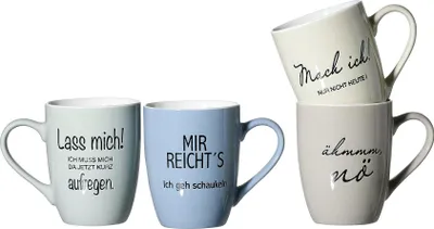 Produktbild von Ritzenhoff & Breker Porzellan Kaffeebecher 330 ml, H 10,5 cm, 4fach sortiert, mit Sprüchen