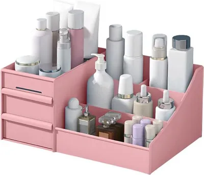 A pink cosmetic organizer filled with various makeup and skincare products.