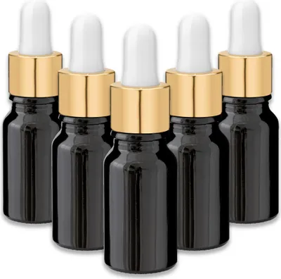 Produktbild von 5x Schwarze Glasflasche 10 ml mit goldener Pipette – Kosmetikflasche