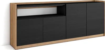 Produktbild von Sideboard, Highboard, 207x37x80cm, 4 Türen, Wohnzimmer, Küche, Schwarz Eiche