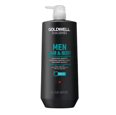 A black bottle of Goldwell Dualsenses Men Hair & Body Shampoo with a white pump dispenser.