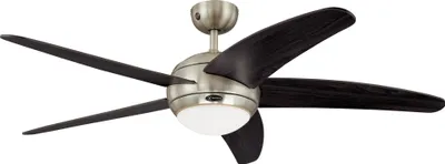 A ceiling fan with dark wood-colored blades and a brushed nickel finish, featuring an integrated light.