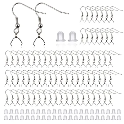 Produktbild von Ohrhänger - 100 Stück Edelstahl Ohrhaken - Schmuckherstellung - Silberfarben