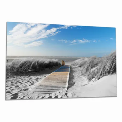 Produktbild von Wallario Herdabdeckplatte aus Glas, Größe 80 x 52 cm 1-teilig, Motiv Auf dem Holzweg zum Strand in schwarz-weiß Optik
