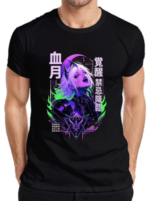 Zdjęcie produktu dla Koszulka męska, czarna, rozmiar M, z motywem: anime, demonka, cyberpunk, Japonia, styl gotycki, lata 2000, sukub, oni
