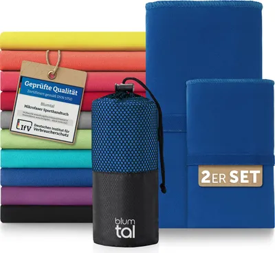 Immagine prodotto di Set di asciugamani in microfibra Blumtal: 180x90cm e 80x40cm - leggero, extra assorbente e ad asciugatura rapida, telo da viaggio, da spiaggia e da palestra compatto, blu