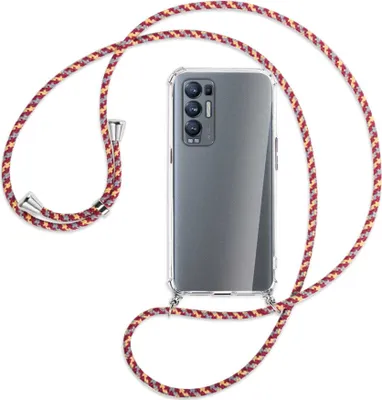 Produktbild von Handykette Backcover-Schutzhülle mit Band (Metall silberfarben) für Oppo Reno5 Pro Plus 5G - weinrot/gelb/grau