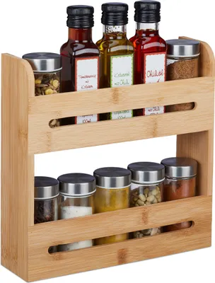 Produktbild von Relaxdays Gewürzregal Bambus, Gewürzständer 2 Etagen, HBT: 25 x 25 x 7 cm, für Arbeitsplatte, Küchenregal stehend, natur