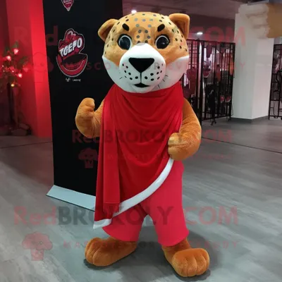 Productafbeelding van Red Cheetah mascotte REDBROKOLY kostuum karakter gekleed met een poloshirt en sjaalspelden