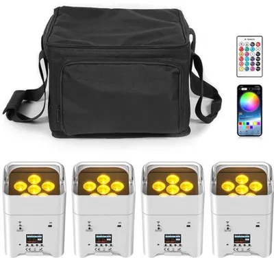 Immagine prodotto di Set di 4 faretti LED Par - 80W RGBWA+UV con custodia e batteria, ideali per l'utilizzo su palco