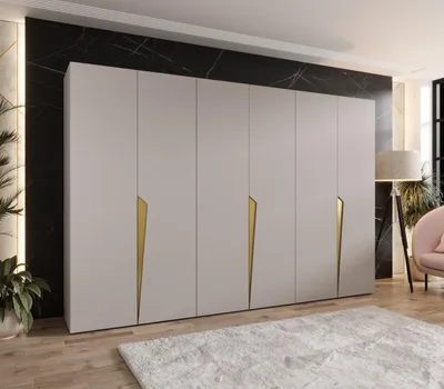 Obrázek produktu pro Velká šatní skříň 300 cm SORAYA 1 - kašmír / zlaté úchyty