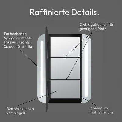 Produktbild von LED Spiegelschrank 60x70 cm, Alukorpus schwarz, 2 Ablagen, IP44