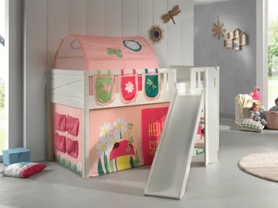 Produktbild von VIPACK - Spielbett SCOTT, LF 90 x 200 cm, mit Rolllattenrost, Rutsche, Leiter und Textilset Vorhang, Tunnel und 3 Taschen "Spring"