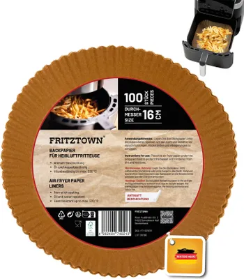Produktbild von FRITZTOWN® Air Fryer Paper – 300 Stück, 16 cm Rund | Antihaft Backpapier für Heißluftfritteusen, Mikrowelle & Backofen | Hitzebeständig & Fettdicht