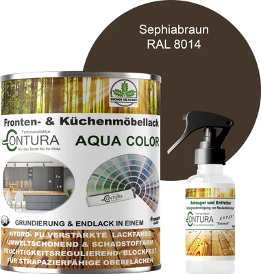 Produktbild von 750ml. + Anlauger - Contura Küchenmöbellack RAL Möbellack SEIDENMATT SET Möbelfarbe Holzlack Buntlack Küchenlack - RAL 8014 Sephiabraun