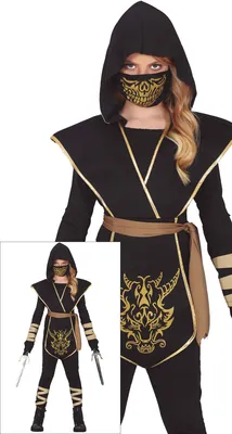 Productafbeelding van Ninja Schaduwkrijger Halloween Kostuum voor Kinderen, Masker, Kap, Krijgersoutfit, Zwart Design, Kapmantel, Maat: 140/146, Kleur: Zwart